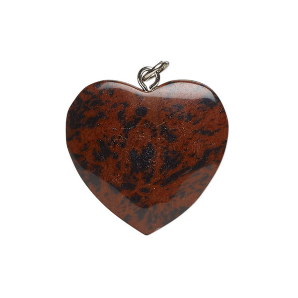 Drop, mahogany jasper (natural), pkg/1, silver finish opaque, 26mm puffed heart, B Grade. image number 0