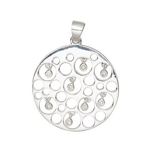 Pendant, cubic zirconia and sterling silver, clear, 25mm single-sided round with cutout and dangles. Sold individually.