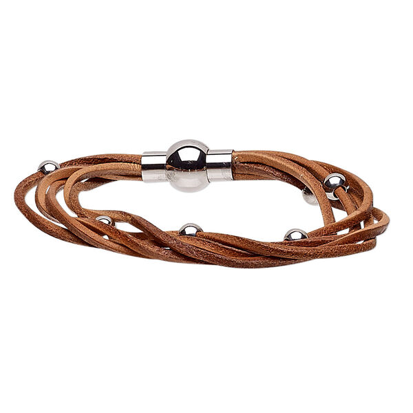 Bracelet, 5-strand, leather (dyed) and stainless steel, natural, 8mm wide twisted with 5mm round, 6-1/2 inches with magnetic clasp. Sold individually. image number 0