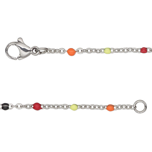 Chain, stainless steel and enamel, multicolored, 1.7mm flat cable with 2mm ball, 24 inches with lobster claw clasp. Sold individually. image number 0