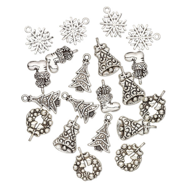 Charm, antique silver-plated "pewter" (zinc-based alloy), 16x13mm-20x15mm single- and double-sided assorted Christmas theme. Sold per pkg of 20. image number 0