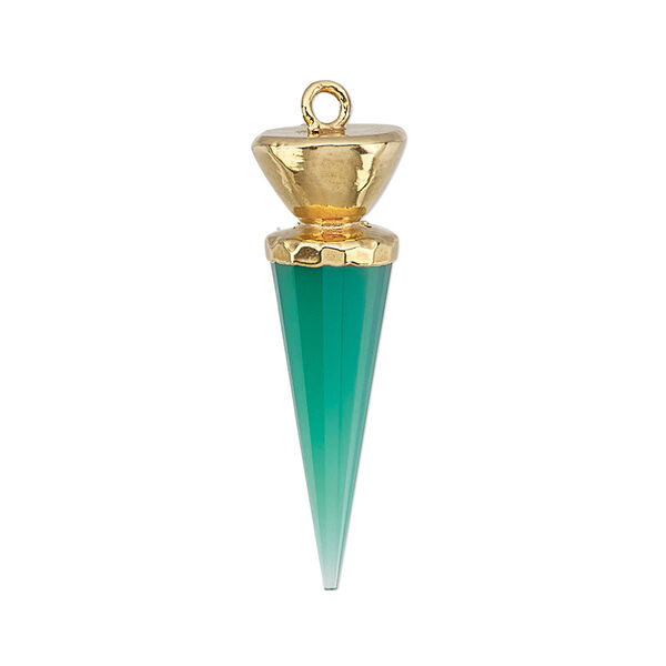 Focal, green onyx (dyed) / electroplated gold / gold-plated sterling silver, 30x9.5mm-31x10mm hand-cut faceted point. Sold individually. image number 0