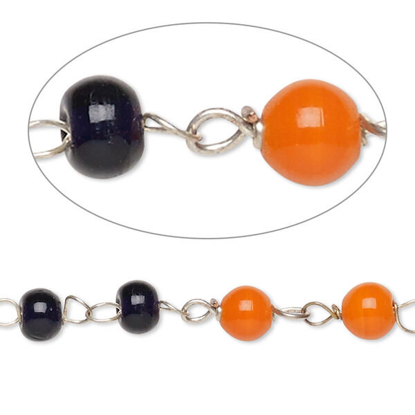 Chain, glass and silver-finished copper, translucent dark blue and opaque orange, 6mm beaded round. Sold per 1-meter strand. image number 0