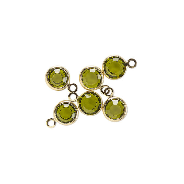 Drop, glass rhinestone and gold-finished brass, peridot green, 6-6.5mm faceted round. Sold per pkg of 6. image number 0