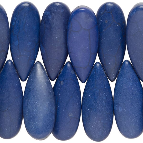 Bead, "howlite" (resin) (imitation) 1pkg1, dark blue, 24x9mm-25x10mm top-drilled puffed teardrop bead, 15 inches. image number 0