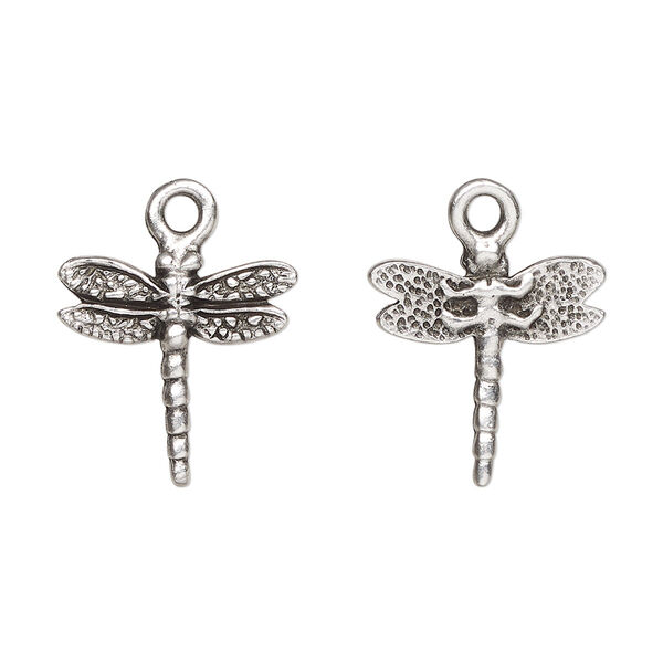 Charm, TierraCast®, antique silver-plated pewter (tin-based alloy), 16mm two-sided dragonfly. Sold per pkg of 20. image number 0