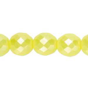 Bead, Czech fire-polished dipped décor glass, pkg/15-1/2 to 16 inches, 12mm faceted round, opaque pearlescent light yellow, (00030-02383).