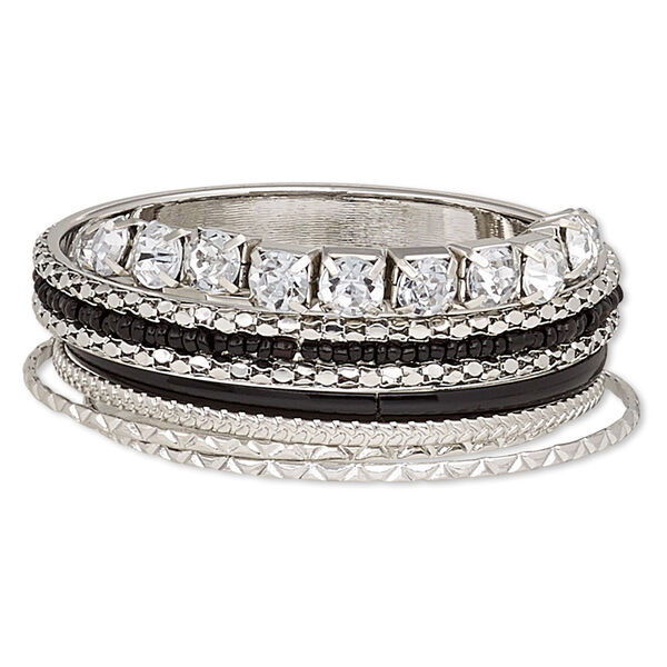 Bracelet, bangle and stretch, enamel / glass / glass rhinestone / imitation rhodium-finished steel, black and clear, 3-10mm wide with cupchain, 7-1/2 to 8 inches. Sold per 5-piece set. image number 0