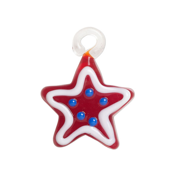 Drop, lampworked glass, red / white / blue, 22mm single-sided star. Sold individually. image number 0
