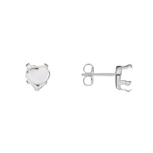 Earstud 1pkg4 Snap-Tite® sterling silver, 6mm heart 5-prong setting / earnuts, 2 pair