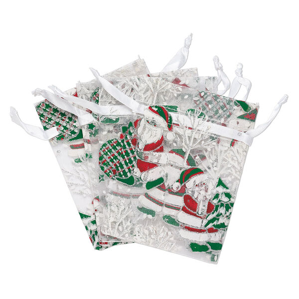 Pouch, organza, multicolored with glitter, 4-3/4 x 3-1/2 inches with Santa Claus and Christmas tree pattern with drawstring closure. Sold per pkg of 4. image number 0