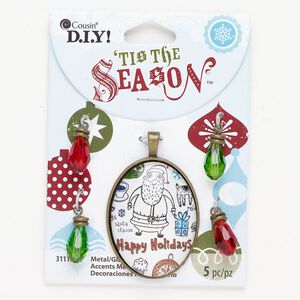 Focal and drop assortment 1pkg5 antique gold-finished "pewter" (zinc-based alloy) and glass, red / green / white, 42x32mm oval with Santa and "Happy Holidays" / 16x8mm faceted drops.