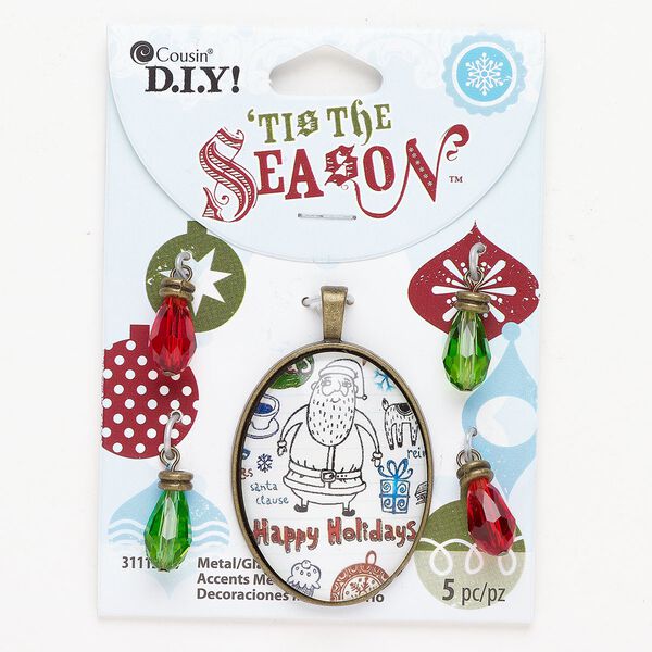 Focal and drop assortment 1pkg5 antique gold-finished "pewter" (zinc-based alloy) and glass, red / green / white, 42x32mm oval with Santa and "Happy Holidays" / 16x8mm faceted drops. image number 0