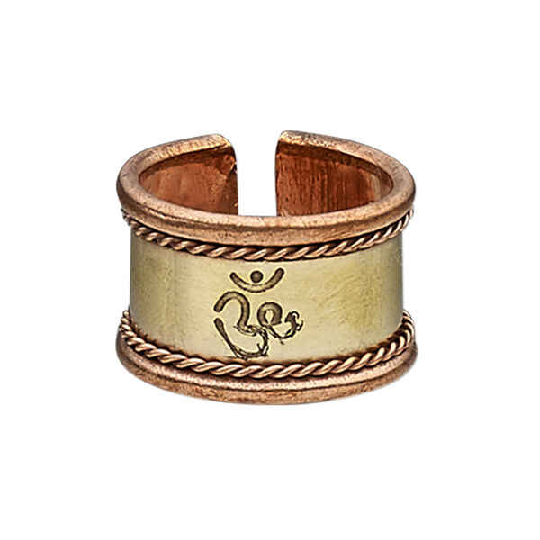 Ring, antiqued copper and brass, 16mm wide with twisted wire and Om symbol, size 9. Sold individually. image number 0