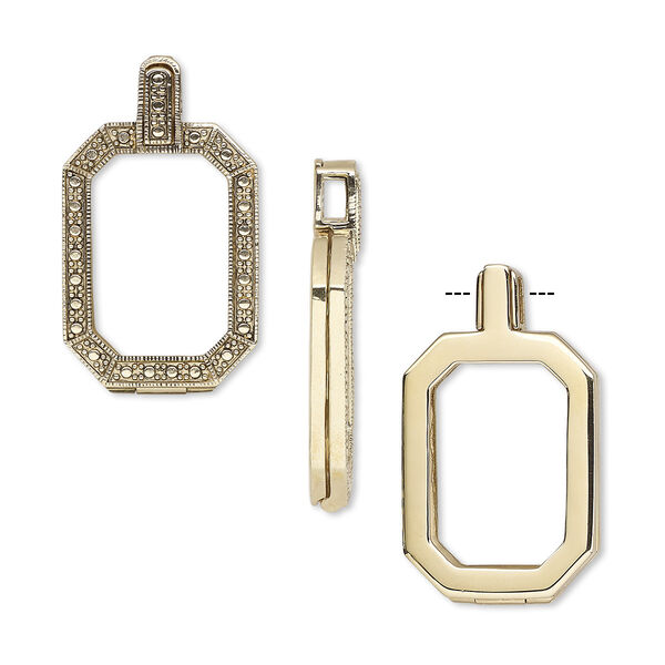 Pendant, Almost Instant Jewelry®, antique gold-finished brass and rubber, 42x24mm single-sided hinged octagon with 27x18.5mm emerald-cut setting. Sold individually. image number 0