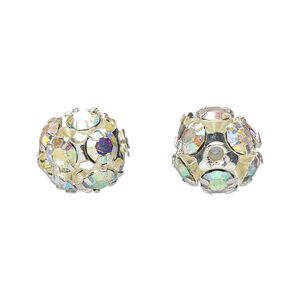 Bead, Egyptian crystal rhinestone and imitation rhodium-plated brass, clear AB, 12mm round. Sold per pkg of 6.