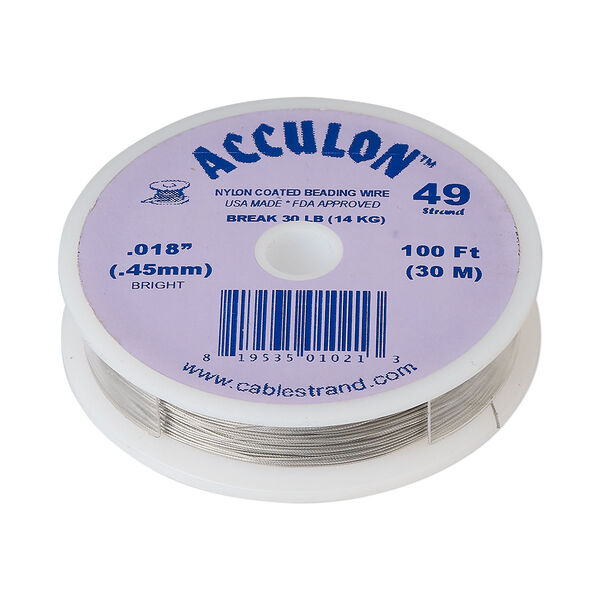 Beading wire, Acculon®, nylon-coated stainless steel, clear, 49 strand, 0.018-inch diameter. Sold per 100-foot spool. image number 0