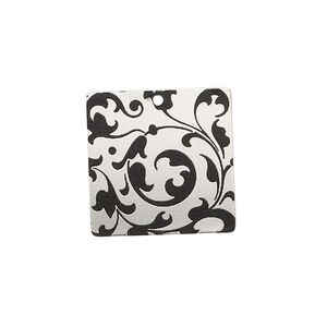 Drop, imitation rhodium-finished carbon steel, black, 20x20mm single-sided square with vine design. Sold per pkg of 4.