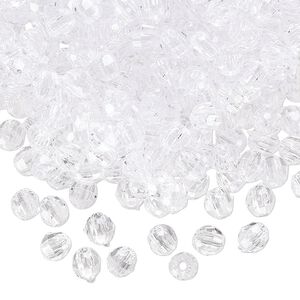 Bead, acrylic, transparent clear, 4mm faceted round. Sold per 50-gram pkg