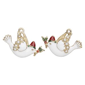 Charm, enamel / crystals / gold-finished "pewter" (zinc-based alloy), multicolored, 26x17mm left- and right-facing single-sided dove with holly. Sold per pkg of 2.