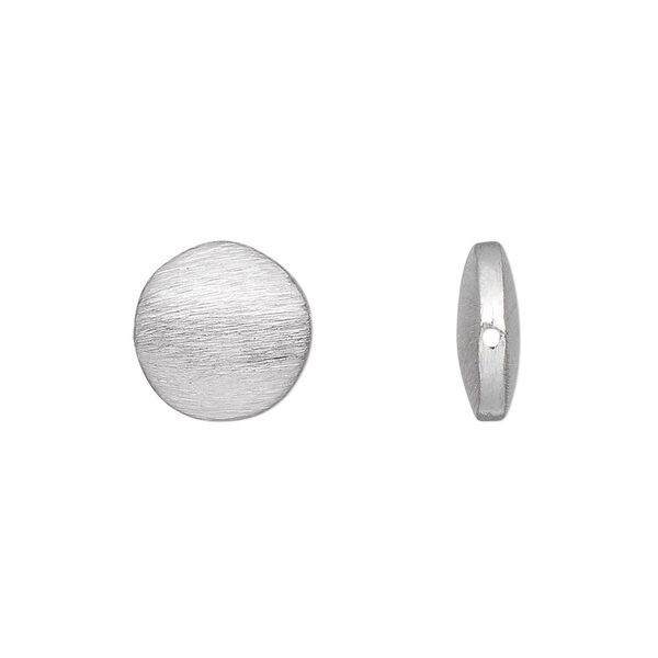 Bead, silver-plated brass, 12mm brushed puffed flat round. Sold per pkg of 4. image number 0