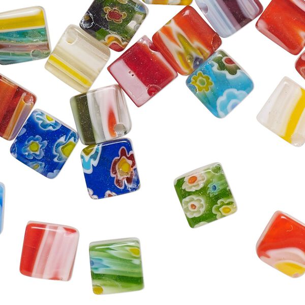 Bead mix, millefiori glass, opaque to transparent multicolored, 8mm cube with 0.4-0.6mm hole. Sold per 2-ounce pkg, approximately 55-60 beads. image number 0