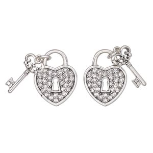 Charm, antique silver-finished "pewter" (zinc-based alloy) and glass, clear, 21mm key heart lock. Sold per pkg of 2.