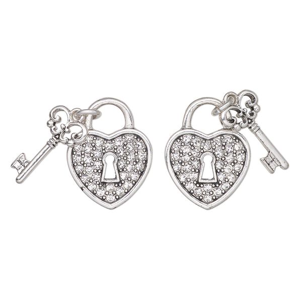 Charm, antique silver-finished "pewter" (zinc-based alloy) and glass, clear, 21mm key heart lock. Sold per pkg of 2. image number 0