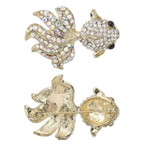 Brooch, glass rhinestone and gold-finished "pewter" (zinc-based alloy), clear AB / clear / black, 44x30mm goldfish. Sold individually.
