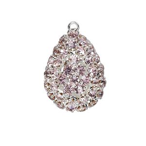 Focal, glass rhinestone and silver-plated brass, pink, 30x22mm double-sided teardrop with 4mm chatons. Sold individually.