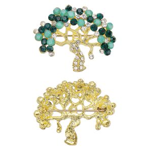 Brooch, glass rhinestone with gold-finished brass and "pewter" (zinc-based alloy), dark green / light green / clear, 40x35mm tree of life. Sold individually.
