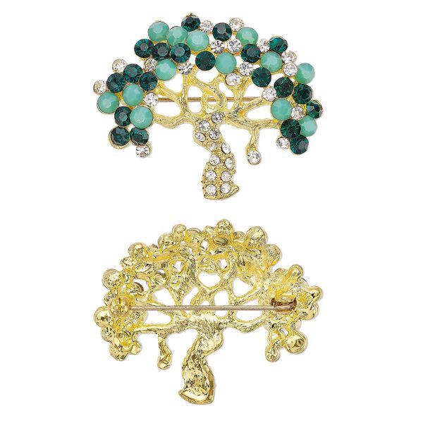 Brooch, glass rhinestone with gold-finished brass and "pewter" (zinc-based alloy), dark green / light green / clear, 40x35mm tree of life. Sold individually. image number 0