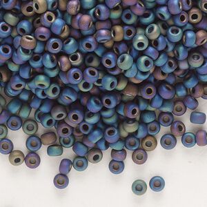 Seed bead, Miyuki, glass, pkg/250g, #8 rocaille, opaque matte rainbow black, (RR-401FR).