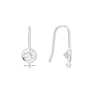 Ear wire fishhook 1pkg2 sterling silver / cubic zirconia, 17mm / 6mm faceted round / bottom open loop, 21 gauge clear 1 pair