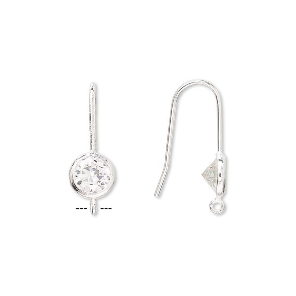 Ear wire fishhook 1pkg2 sterling silver / cubic zirconia, 17mm / 6mm faceted round / bottom open loop, 21 gauge clear 1 pair image number 0