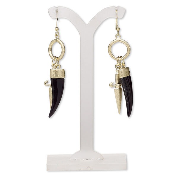 Earring, acrylic with gold-plated brass and "pewter" (zinc-based alloy), black, 67mm with double-sided scratched design and fishhook ear wire. Sold per pair. image number 0