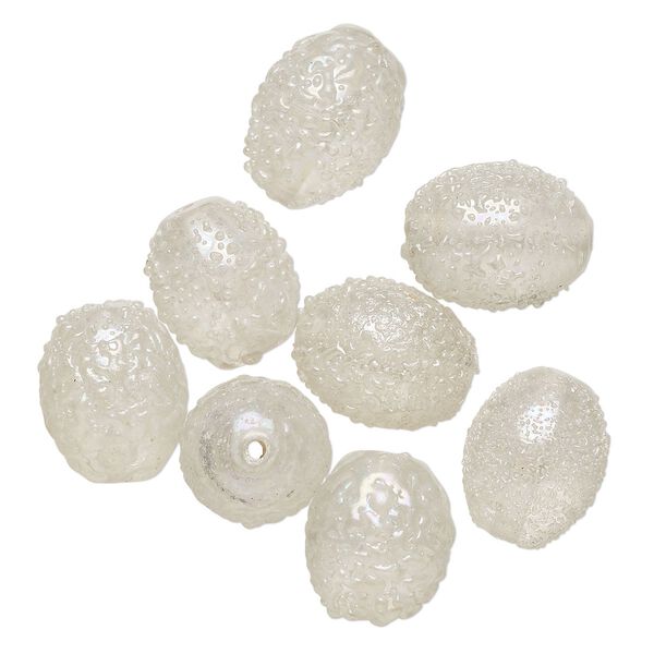 Bead, lampworked glass, translucent clear AB, 15x12mm textured oval. Sold per pkg of 8. image number 0