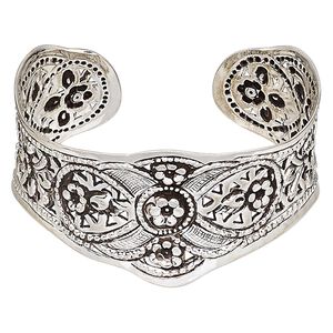 Bracelet, Hill Tribes, cuff, antique silver-plated brass, 32mm wide with flower design, adjustable. Sold individually.