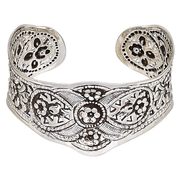 Bracelet, Hill Tribes, cuff, antique silver-plated brass, 32mm wide with flower design, adjustable. Sold individually. image number 0