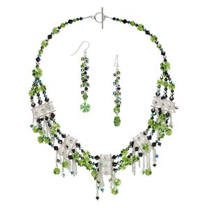Necklace and earring set, One of a Kind Jewelry, sterling silver-filled / silver-plated brass and "pewter" (zinc-based alloy) / crystal, fern green / jet AB / jet AB2X, 19-inch necklace. Only one available.