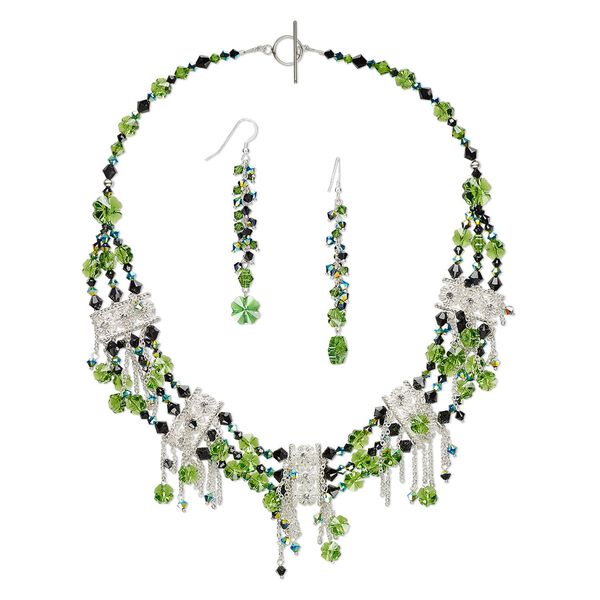 Necklace and earring set, One of a Kind Jewelry, sterling silver-filled / silver-plated brass and "pewter" (zinc-based alloy) / crystal, fern green / jet AB / jet AB2X, 19-inch necklace. Only one available. image number 0