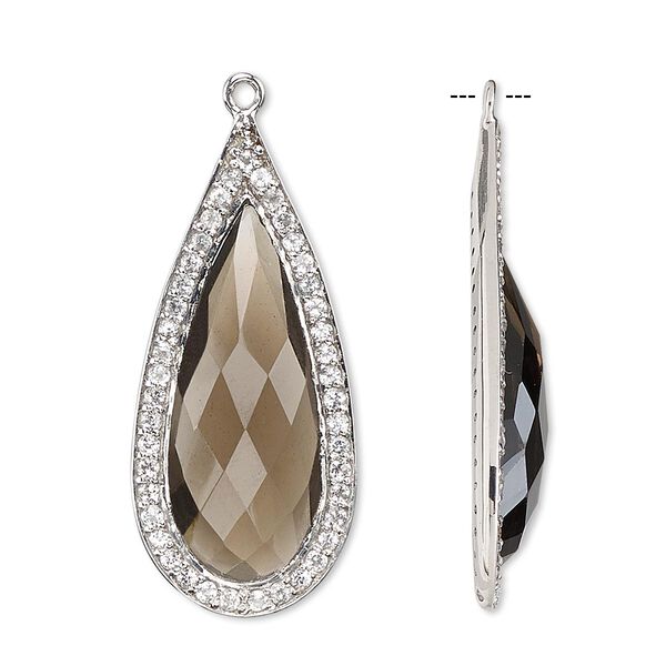 Focal, smoky quartz (heated / irradiated) / white topaz (natural) / sterling silver, 35x16mm single-sided faceted teardrop. Sold individually. image number 0