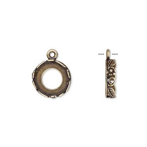 Drop, JBB Findings, antiqued brass, 12mm round with open back and flower and leaf design trim, 10mm round bezel setting. Sold per pkg of 2.