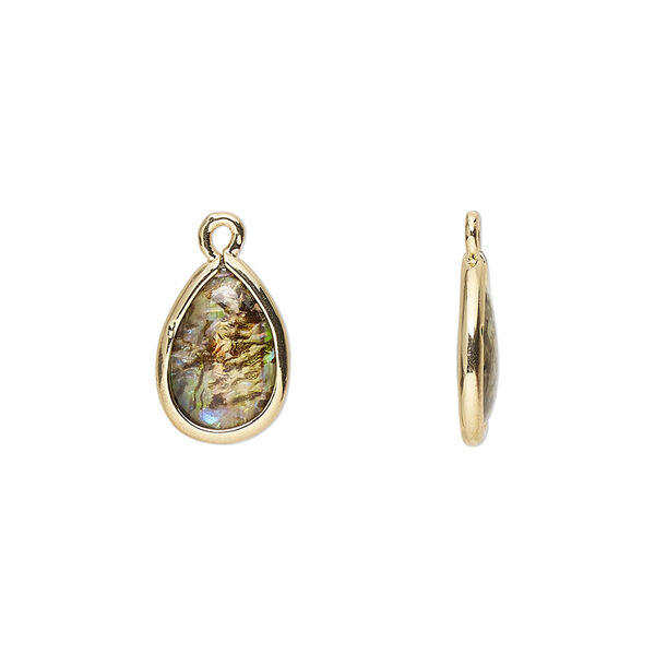Drop, paua shell and gold-finished brass (assembled), 13x8mm-14x9mm double-sided teardrop. Sold per pkg of 4. image number 0