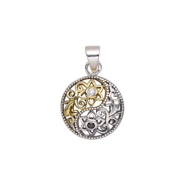 Pendant, antiqued sterling silver / cubic zirconia / "vermeil", black and clear, 15mm single-sided domed round with yin-yang and fancy flower designs. Sold individually. image number 0