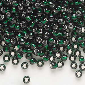 Seed bead, Dyna-Mites™, glass, transparent silver-lined dark green, #6 round. Sold per 40-gram pkg.