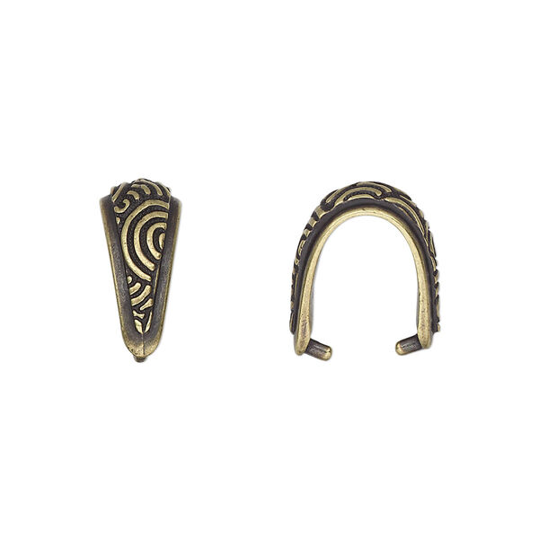 Bail, TierraCast®, ice-pick, antique brass-plated pewter (tin-based alloy), 15x6.5mm with swirl design, 11mm grip length. Sold per pkg of 20. image number 0