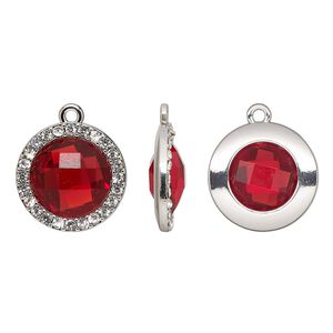 Drop, glass / glass rhinestone / imitation rhodium-finished "pewter" (zinc-based alloy), clear and transparent ruby red, 19mm single-sided round. Sold per pkg of 2.