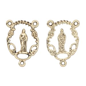 Connector, antique gold-plated pewter (tin-based alloy), 20x16mm open oval rosary with Virgin Mary. Sold individually.