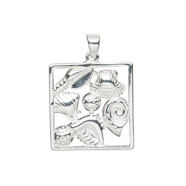 Pendant, sterling silver, 21x20mm single-sided rectangle with cutout shell design. Sold individually. image number 0